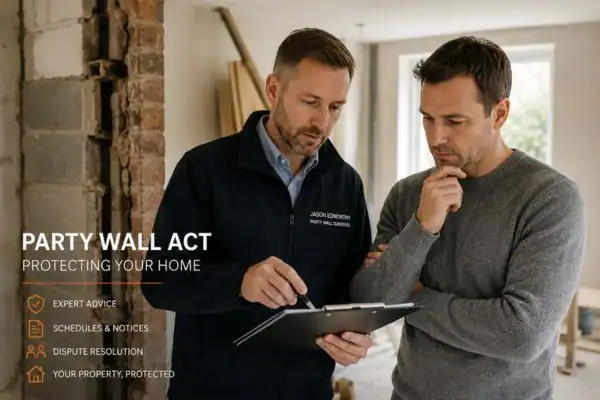 Party wall surveyor Crowthorne discussing extension plans with homeowner outside a UK semi-detached house.